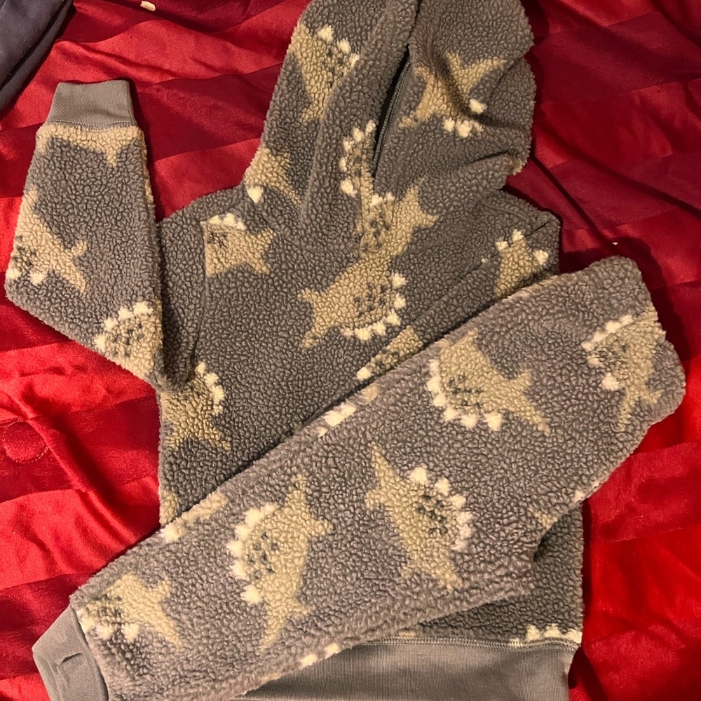 Gray Dinosaur Print Sherpa Hoodie